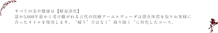すべての美や健康は【解毒浄化】遥か5,000年前から受け継がれる古代の医療アーユルヴェーダは　潜在体質を知りお客様に合ったオイルを使用します。“補う”ではなく”取り除く“に特化したコース。