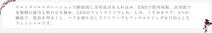 ウルトラパルスポレーションで細胞間に美容成分を入れ込み、EMSで筋肉収縮、高周波で老廃物の排出と肌の引き締め、LEDのフォトライトでしわ、しみ、くすみをケア。4つの機能で、肌色を明るくし、ハリを取り戻しリフトアップとアンチエイジングを目的としたフェィシャルです。