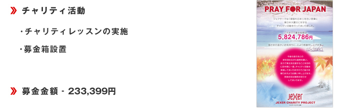 ・チャリティレッスンの実施・チャリティグッズの販売・募金箱設置■募金金額233,399円