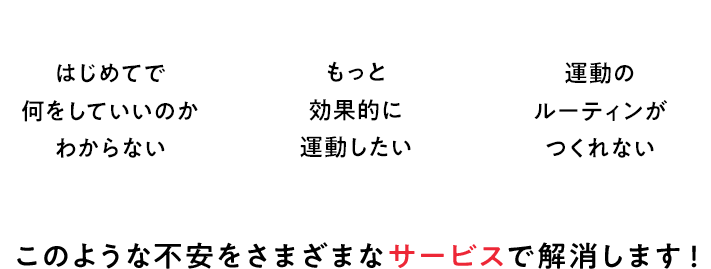 はじめてで何をしていいのか分からない もっと効果的に運動したい 運動のルーティンがつくれない このような不安をさまざまなサービスで解消します！