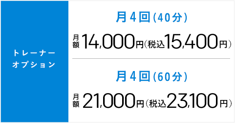 トレーナーオプション 月4回(40分)月額14,000円[税別] 税込15,120円　月4回(60分)月額21,000円[税別] 税込23,100円