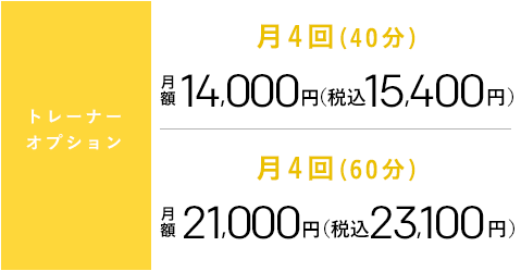 トレーナーオプション 月4回(40分)月額14,000円[税別] 税込15,120円　月4回(60分)月額21,000円[税別] 税込23,100円