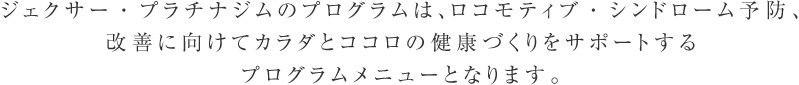 ジェクサー・プラチナジムのプログラムは、ロコモティブ・シンドロームのような生活習慣予防などのカラダとココロの健康づくりをサポートするプログラムのメニューとなります。