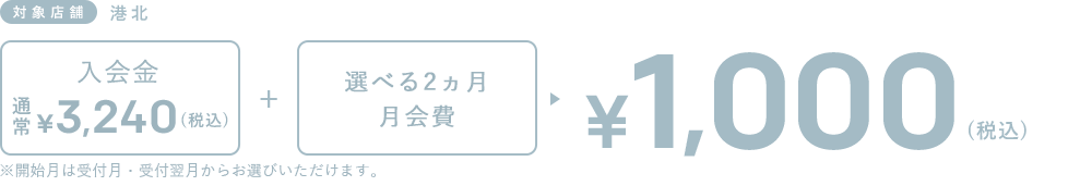 入会金通常3240円(税込)+選べる２ヵ月分月会費＝1,000円(税込)